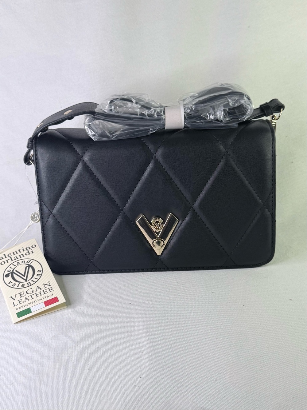 Valentino Orlandi Black Quilted Crossbody with Gold V Logo BRAND NEW LUXURY